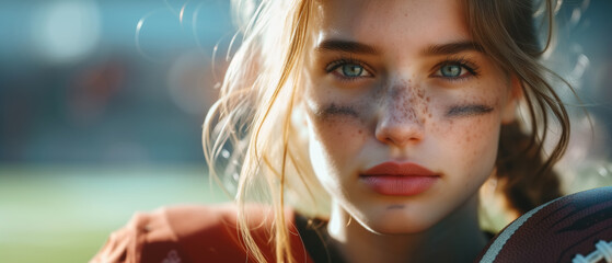 Young confident woman athlete rugby player looking at camera outdoors. Sports banner, American football with copy space