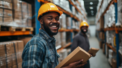Cheerful warehouse managers smiling while recording inventory  - obrazy, fototapety, plakaty