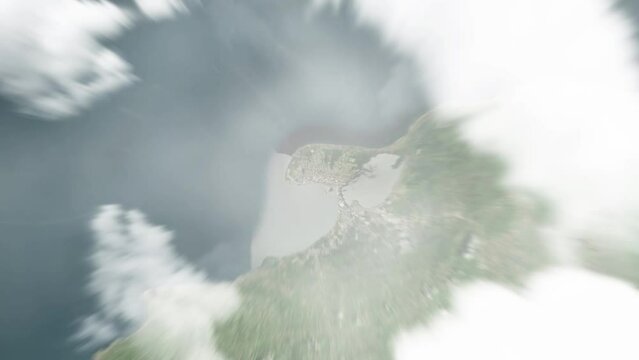Earth zoom in from space to Puerto Cortes, Honduras. Followed by zoom out through clouds and atmosphere into space. Satellite view. Travel intro. Images from NASA