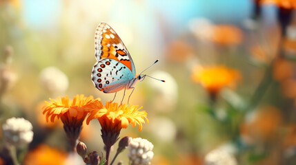 Butterfly closeup on orange flower in nature, outside in spring summer on a bright sunny day, daisy field, spring and summer is coming
