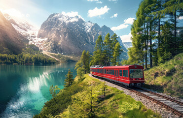 A red train is driving on the tracks in front of snowy mountains, with green grass and yellow flowers growing along both sides of the track. The Eiger Mountain is behind it in the swiss alps. - Powered by Adobe