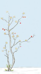 Cartoon-like tree illustration with white flowers and red berries on blue