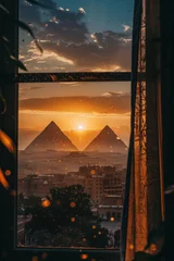 Foto op Plexiglas Breathtaking Sunset View of the Pyramids Through a Window © artem