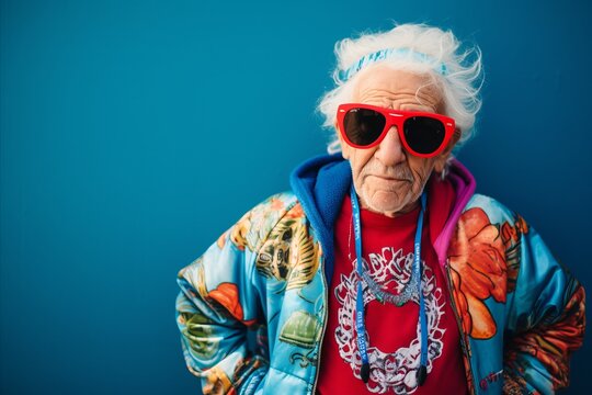 Portrait of an old woman with sunglasses on a blue background.