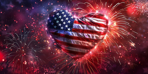 American flag in the shape of a heart on a background of fireworks