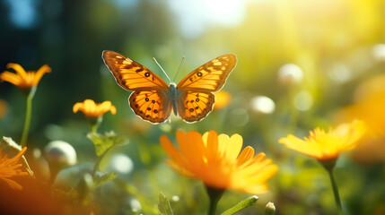 Butterfly closeup on orange flower in nature, outside in spring summer on a bright sunny day, daisy field, spring and summer is coming