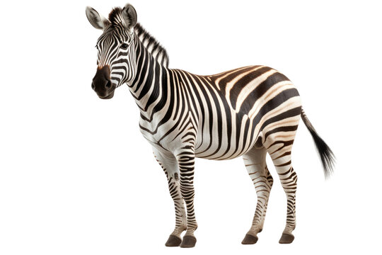 Zebra Standing on Top of White Floor. On a Clear PNG or White Background.