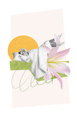 Collage artwork graphics picture of charming happy lady enjoying sleeping flower petals isolated...