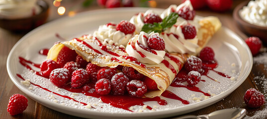 There are pancakes with strawberries, raspberries, whipped cream and raspberry sauce on a white plate.