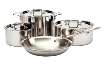 Set of Stainless Steel Pots and Pans. On a Clear PNG or White Background.
