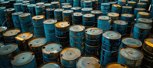 A huge number of metal drums used in the chemical industry for storage and transportation.