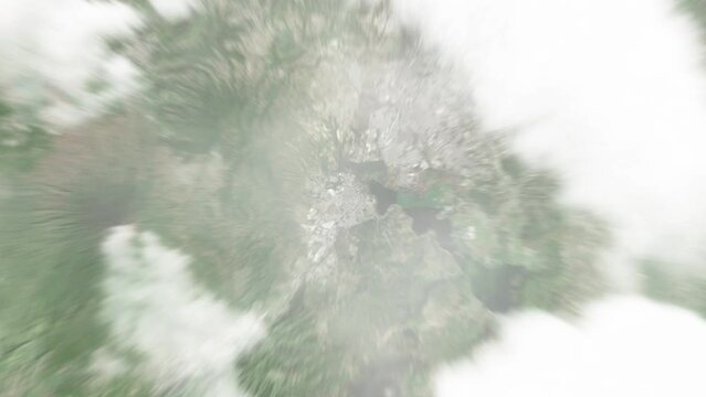 Earth zoom in from space to Amatitlan, Guatemala. Followed by zoom out through clouds and atmosphere into space. Satellite view. Travel intro. Images from NASA