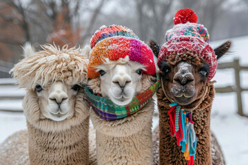 Fototapeta premium Three llamas wearing hats and scarves are standing together in the snow. The scene is cheerful and playful, as the llamas seem to be enjoying the winter weather. Festively Adorned Alpaca Trio