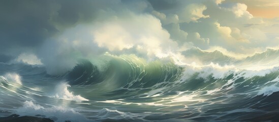 A magnificent painting capturing the power of a large wave in the ocean, with dramatic clouds in the sky and the horizon blending with the water