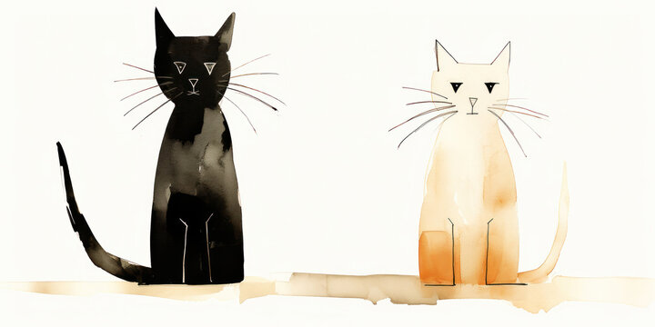 A simple illustration of sitting white and black cats on a white background in watercolor paint style.