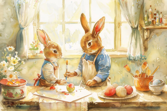 Cute Easter bunny painting eggs in a bright beautiful kitchen, sun shining through the window, soft and muted colors, thin and detailed lines, fantasy, detailed watercolor illustration.