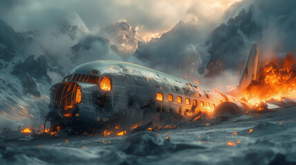 A huge passenger plane has crashed into the mountains and is burning - obrazy, fototapety, plakaty