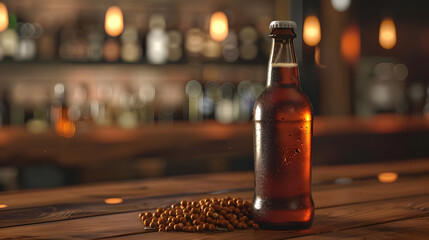 A bottle of beer with peanuts sits on a wooden table in a bar or restaurant.