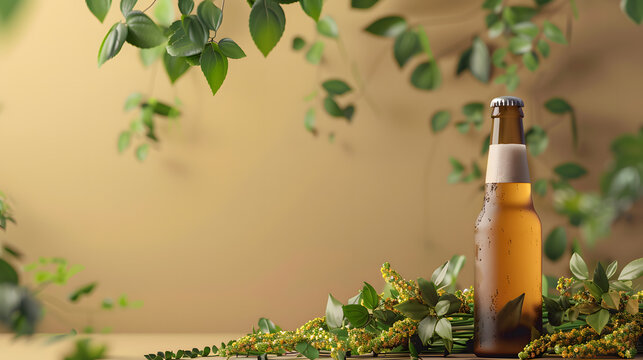 A brown beer bottle rests on a wooden table with leaves and flowers. 