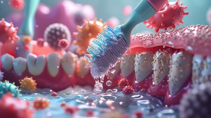 Design a 3D close-up scene of bacteria characters building a fortress on a tooth, only to be washed away by a stream of toothpaste, showcasing the effectiveness of brushing, vibrant color - obrazy, fototapety, plakaty