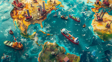 Flat world map with illustrations of oil pumps scattered across continents 