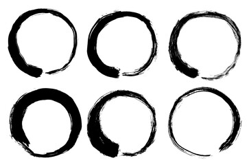 Enso Zen black circle set. Round ink brush stroke, japanese calligraphy paint buddhism symbol isolated on white