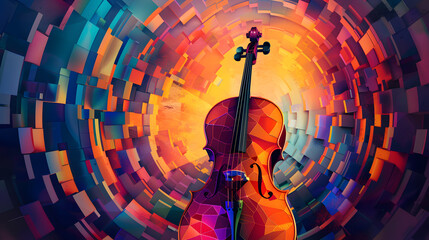 Wooden violin with colorful cube tunnel background