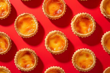Assorted pastry tarts on red surface against red background in various shapes and flavors