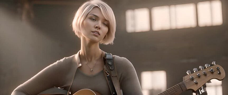 animation of a girl with short blonde hair is playing the guitar