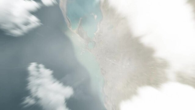 Earth zoom in from space to Al Hudaydah, Yemen. Followed by zoom out through clouds and atmosphere into space. Satellite view. Travel intro. Images from NASA