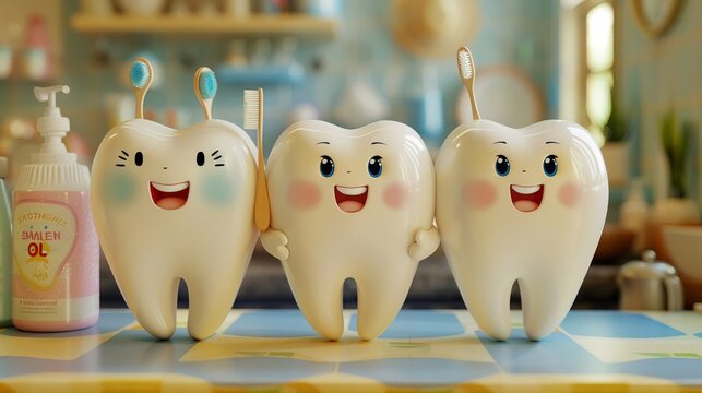 a cheerful scene with three cute tooth characters standing on a dental clinic counter, each holding different dental tools like a toothbrush, floss, and mouthwash, to promote oral hygiene