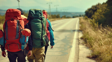 Obraz premium A band of travelers on a sunny road with backpacks, soaking in the mountainous landscape