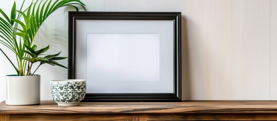 A black wooden picture frame resting on a wooden dresser next to a decorative ceramic cup and a green plant, against a white backdrop.