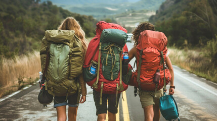 Obraz premium Capturing the essence of companionship and adventure as friends share a sunrise hike on an open road