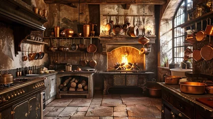 Foto op Aluminium A rustic kitchen with a roaring hearth at its center, copper pots hanging from wrought iron hooks and the scent of spices lingering in the air. © ZQ Art Gallery 