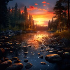 forest river with stones on shores at sunset. Natural Landscape
