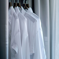 A row of white shirts hanging on a clothesline. The shirts are all neatly folded and hung up. Concept of order and cleanliness, as well as the importance of taking care of one's clothing