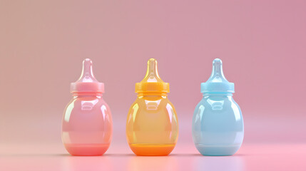 Pink, yellow and blue baby bottles on a peach background.