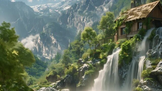 video of a view of a house next to a waterfall
