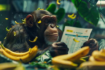 A monkey stockbroker with charts tangled in vines - obrazy, fototapety, plakaty