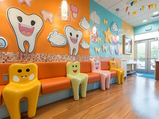 Obraz premium a dental clinic waiting area where three tooth characters on the counter share fun facts about teeth with patients through speech bubbles
