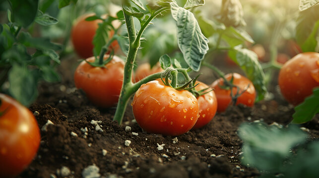 Close-up of ripe tomatoes growing on soil, Beautiful red ripe cherry tomatoes grown in a greenhouse, Tomatoes growing in garden, Generative Ai 