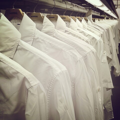 A row of white shirts hanging on a rack. The shirts are all the same color and are neatly folded. Concept of order and organization, as the shirts are hung up in a uniform manner