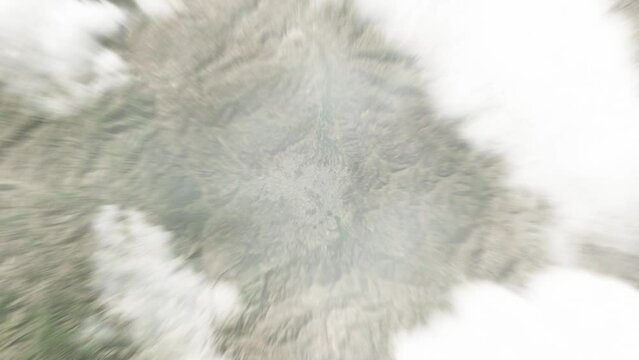 Earth zoom in from space to Ibb, Yemen. Followed by zoom out through clouds and atmosphere into space. Satellite view. Travel intro. Images from NASA