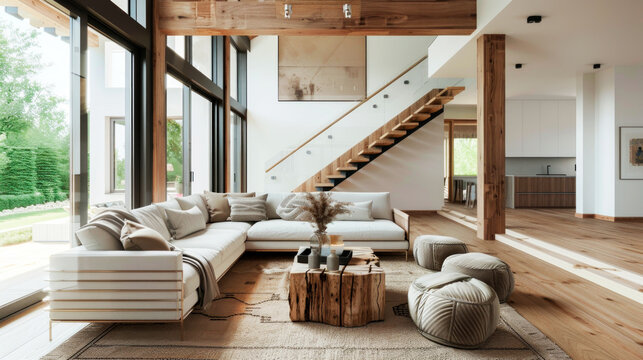 Modern interior design of the living room of the house. Scandinavian style with a large corner sofa.