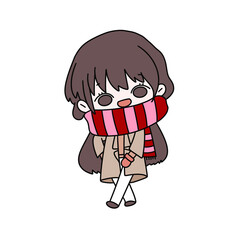 A girl is wearing a red and white scarf and smiling. She is wearing a coat and has her hands in her pockets
