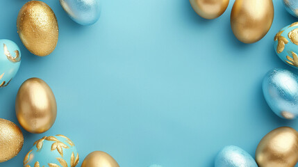 A blue background with gold and blue eggs. The eggs are arranged in a circle and are of different sizes