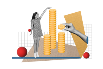 Creative photo illustration collage of excited impressed positive girl counting earnings collecting coins isolated painting background