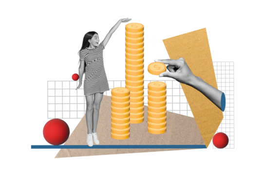 Creative photo illustration collage of excited impressed positive girl counting earnings collecting coins isolated painting background