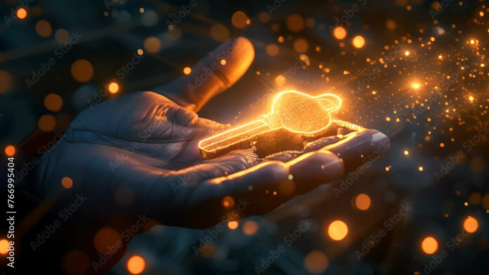 Poster an ethereal hand presents a glowing digital key in a surreal 3d environment, symbolizing cyber-secur